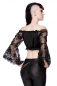 Preview: crop top bluse schwarz bauchfrei schulterfrei schwarz transparente trompetenärmel florales muster spitzensaum spielerspelunke