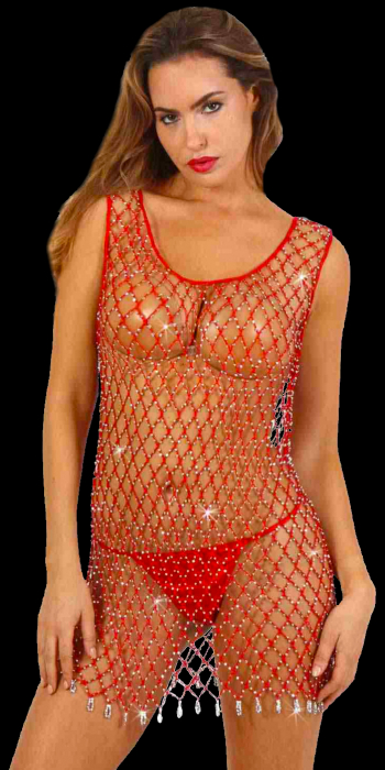 netztop netzkleid rot mit farbigem strass