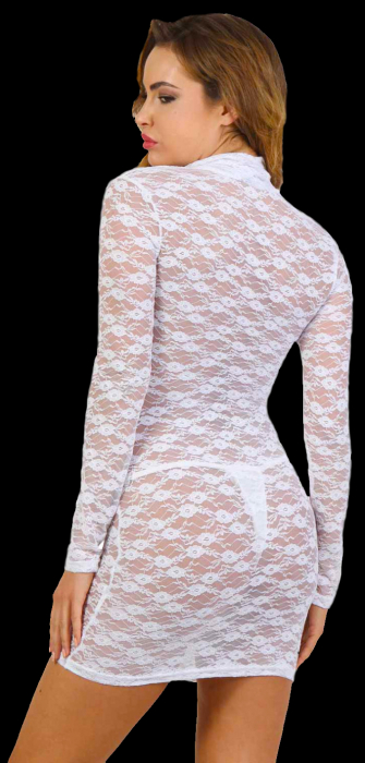 transparentes minikleid aus spitze weiss mit durchgehendem reissverschluss vorn