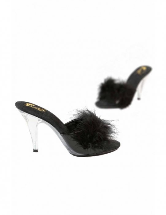 mule shoes pantoletten low heel transparent mit lackleder und federn spielerspelunke
