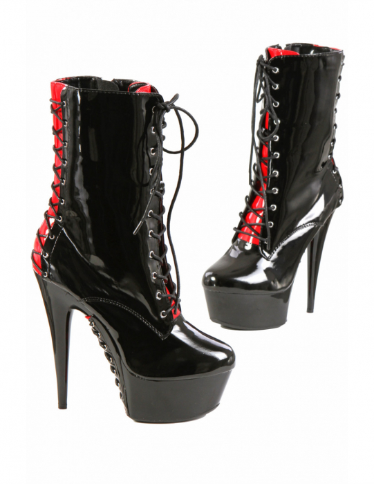 burlesque plateau high heel stiefelette lack schwarz rot korsettschnürung spielerspelunke