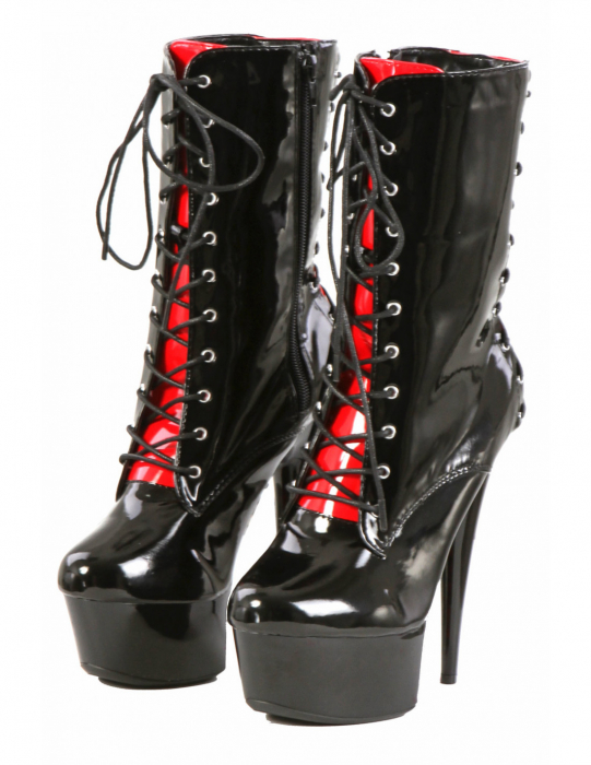 burlesque plateau high heel stiefelette lack schwarz rot korsettschnürung spielerspelunke