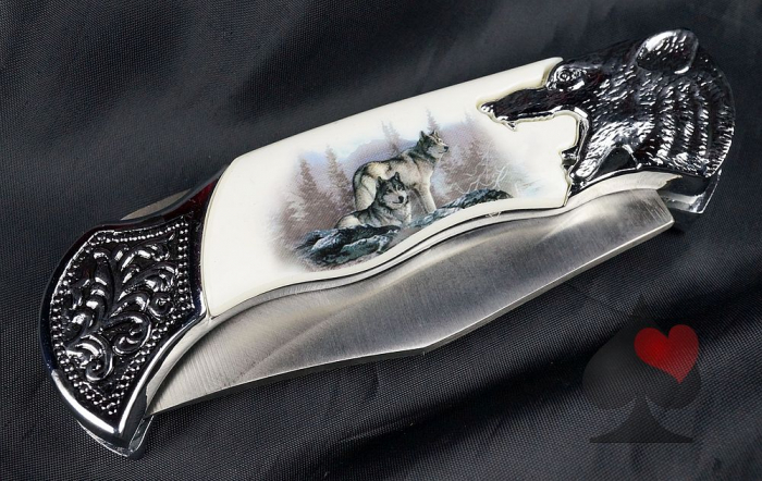 western biker camping klappmesser wolfsrelief