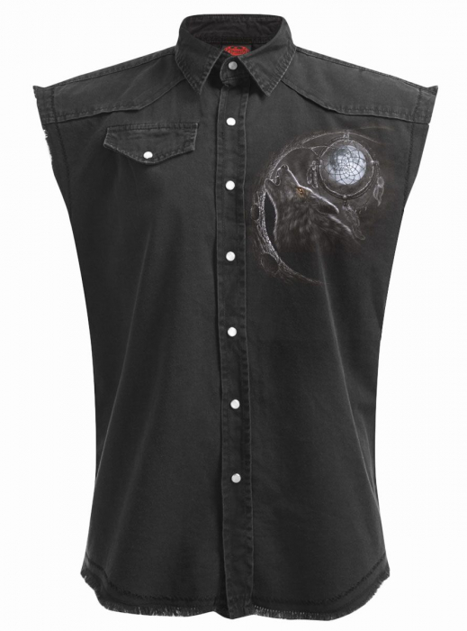 biker weste western country wolf indianer denim stone washed workershirt bedruckt