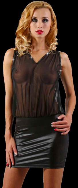 wetlook minirock transparentes mesh top ärmellos kapuze v-ausschnitt spielerspelunke