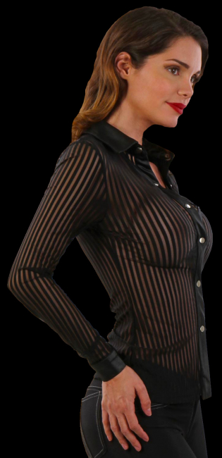 damenbluse schwarz mit transparenten streifen und wetlook