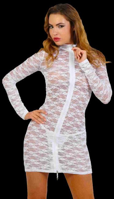 transparentes minikleid aus spitze weiss mit durchgehendem reissverschluss vorn