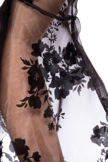 crop top bluse schwarz bauchfrei schulterfrei schwarz transparente trompetenärmel florales muster spitzensaum spielerspelunke