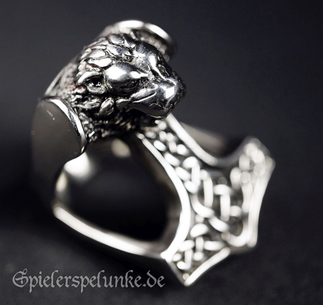 Edelstahlring Thors Hammer mit Löwenkopf