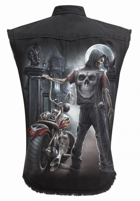 biker weste rider denim stone washed workershirt bedruckt